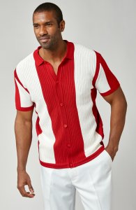 Stacy Adams Red / White Button Up Knitted Short Sleeve Shirt 1207