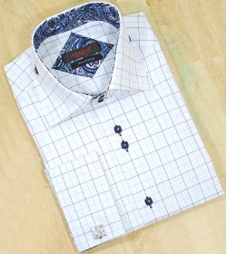 Axxess White With Navy Blue / Sky Blue Windowpanes 100% Cotton Dress Shirt
