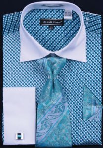 Avanti Uomo Turquoise Printed Two Tone Design 100% Cotton Shirt / Tie / Hanky Set With Free Cufflinks DN57M