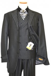Steve Harvey Collection Black With Metallic Grey Polka Dots French Cuffs Super 120's Merino Wool Vested Suit