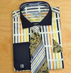 Fratello Black / Multi Gold / Cream Shirt / Tie / Hanky / Cufflinks Set FRV4133P2