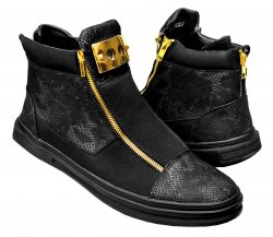 Fiesso Black Microsuede / Embossed Snake High Top Sneakers With Double Zippers FI2210