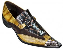 Fiesso Camel / Brown Patent Leather Pointed Toe Loafer Shoes With Metaltip FI6652.