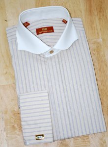 Steven Land Beige With Grey Stripes And White Wavy Spread Collar 100% Cotton Shirt