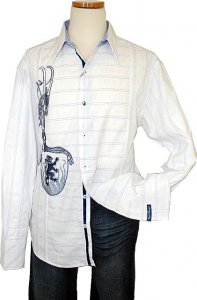 English Laundry White With Navy Blue Hand-Pick Stiching Stripes And Embroidered Emblem Design Long Sleeves Cotton Blend Shirt ELW984