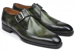 Paul Parkman ''98F54-GRN" Green Genuine Leather Monkstrap Wingtip Shoes.