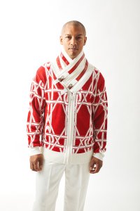 Silversilk Off-White / Red Buckled Shawl Collar Zip-Up Sweater 61019