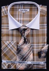 Daniel Ellissa Brown / Beige Checker Pattern Shirt / Tie / Hanky Set With Free Cufflinks DS3772P2