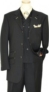 Tayion Platinum Collection Navy Blue / Canary Yellow Pinstripes With Canary Yellow Hand-Pick Stitching Super 140'S Extra Fine Wool Vested Suit 915021/1