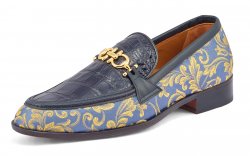 Mauri "Wealth" Two-Tone Blue Genuine Alligator / Gobelins Fabric / Calf-Skin Leather Horsebit Loafer Shoes 4954.