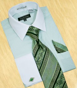 Avanti Uomo White / Mint Green Checks With White Spread Collar Shirt / Tie / Hanky Set With Free Cufflinks DN44M