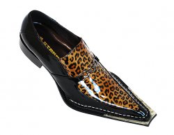 Fiesso Black Leopard Print Metal Tip Patent Leather Shoes FI6200
