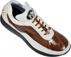 Mauri 8814 Caramel / Cream Genuine Alligator / Ostrich Nappa Leather Sneakers With Silver Mauri Alligator Head