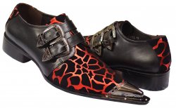 Fiesso Black / Red Leopard Print Suede / Leather Shoes With Double Monk Straps FI7109