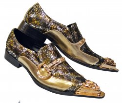 Fiesso Metallic Gold / Black Leather Slip On Shoes With Rhinestone Gold Buckle / Gold Metal Toe FI7013
