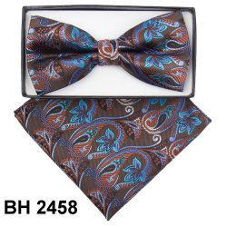 Classico Italiano Brown / Multi Blue Paisley Design 100% Silk Bow Tie / Hanky Set BH2458