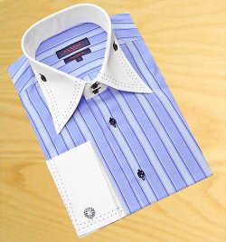 Axxess Sky Blue / Navy Blue / White Stripes With Navy Blue Double Hand Pick Stitching 100% Cotton Dress Shirt 07-09