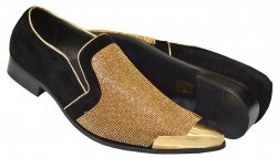 Bolano "Dezzy" Black / Metallic Gold Rhinestone Studded Metal Toe Microsuede Loafers