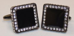 Fratello Silver Plated Square Cufflinks Set With Big Black Square And Clear Round Rhinestone CL057