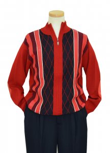Inserch Red / Navy Blue / White PU Leather / Knitted Zip-Up Sweater With Red PU Leather Elbow Patch 424