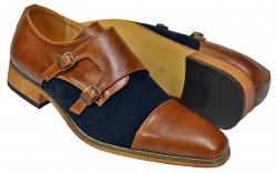 UV Signature Cognac / Navy PU Leather / Microsuede Double Monk Strap Cap Toe Shoes UV814