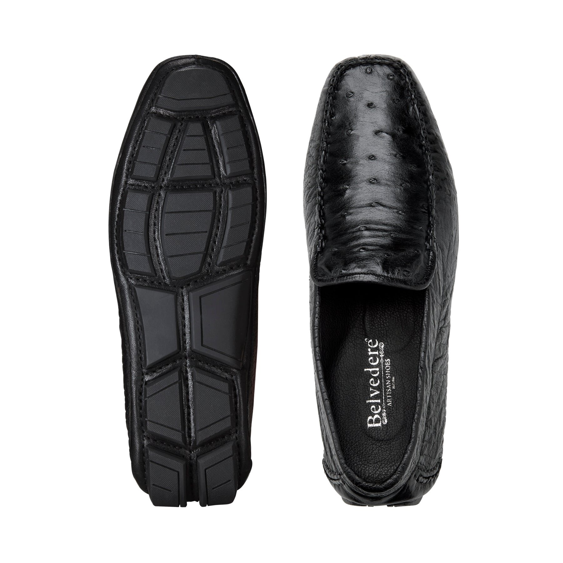 Top and Bottom of Belvedere Black Ostrich Quill Slip On Shoes