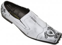 Fiesso Silver Grey Embroidered Design Distressed Leather Loafer Shoes FI8126