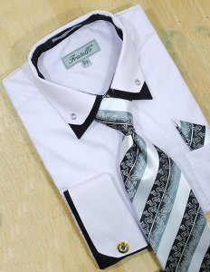 Fratello White / Black Double Collar With Rhinestones And French Cuffs Shirt/Tie/Hanky Set With Free Cufflinks FRV4111P2