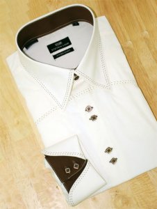 Steven Land Cream With Brown Hand Pick Stitch And Spread Collar 100% Cotton Shirt With French Cuffs DS571