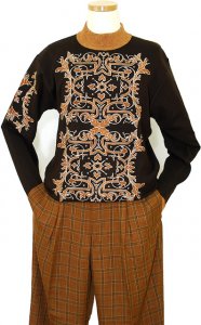 Prestige Black With Taupe Embroidered Design Pull Over Mock-Neck Knitted Sweater