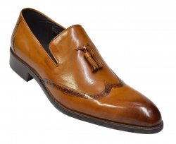 Carrucci Cognac Genuine Calf Skin Leather Wingtip Loafer Shoes With Tassels KS479-3002