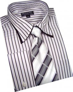 Tessori White/Black Double Collar Shirt/Tie/Hanky Set SH-08