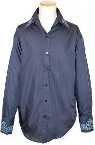 Manzini Navy Blue With Sky Blue Embroidered Design Button Down High-Collar Long Sleeves 100% Cotton Shirt With French Cuffs MZ-87