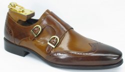 Carrucci Brown / Cognac Genuine Leather With Double Monk Straps Shoes KS099-303T.