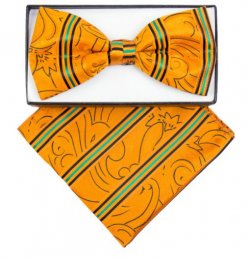 Classico Italiano Orange / Green / Black Geometric Design Silk Bow Tie / Hanky Set BH2602