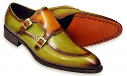 Carrucci Light Olive / Cognac / Brown Burnished Calfskin Double Monk Strap Shoes KS479-05.