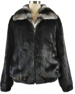 Winter Fur Black / White Genuine Full Skin Mink Bomber Jacket With Real Chinchilla Collar M59R01BKC.