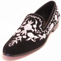 Fiesso Black Genuine Suede Loafer Shoes With Silver Embroidery FI6801