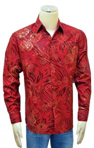 Pronti Red / Black / Metallic Gold Floral Design Long Sleeve Shirt S6301
