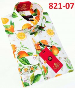 Axxess White/ Yellow/ Green Lemon Design Cotton Modern Fit Dress Shirt With Button Cuff 821-07.