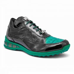 Mauri "King" 8900/2 Green / Black Genuine Embossed Calfskin / Crocodile Sneakers With Silver Alligator Head And Air Bubble Sole