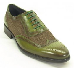 Carrucci Olive Genuine Plaid Leather Wingtip Oxford Lace-Up Shoes KS886-11CC.