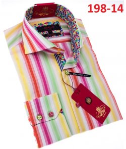 Axxess White/ Yellow / Orange / Pink / Green Cotton Stripes Design Modern Fit Dress Shirt With Button Cuff 198-14.