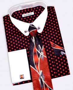 Daniel Ellissa Black / Red / White Polka Dot Cotton Shirt / Tie / Hanky / Cufflinks / Collar Bar Set DS3791P2