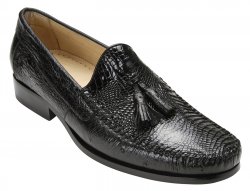 Belvedere "Bari" Black Genuine Alligator and Ostrich Skin Loafer Shoes With Tassels R11