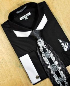 Daniel Ellissa Black With White Trimming Polygonal Spread Collar Shirt/Tie/Hanky Set DS3750P2
