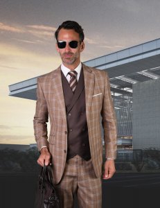 Statement "Fino" Dark Camel / Chocolate / Blue Plaid Super 150's Wool Vested Modern Fit Suit