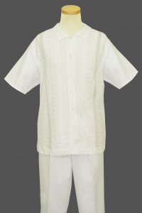 Silversilk White With White / Light Grey Rectangle Design Button Up 2 Piece Short Sleeve Knitted Outfit 9344