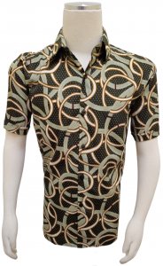Pronti Olive Green / Cognac / Cream Abstract Design Short Sleeve Shirt S6668