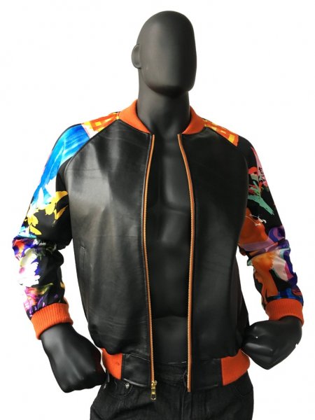 G-Gator Black / Orange Genuine Lambskin Leather / Fabric Baseball Jacket 1015.
